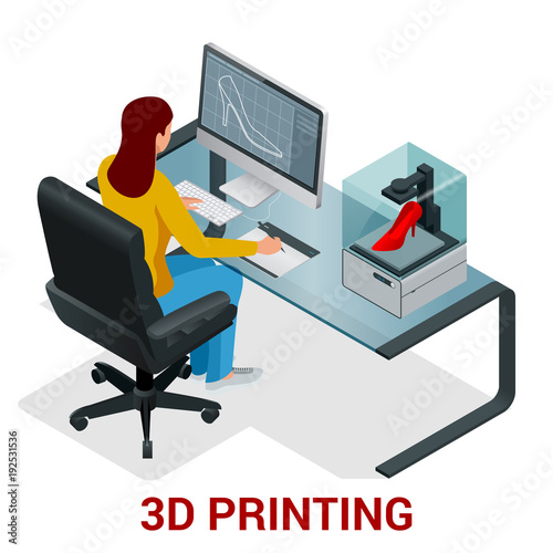 Young woman or school girl print 3D model on 3D printer. Development and printing of clothing. Vector isometric illustration