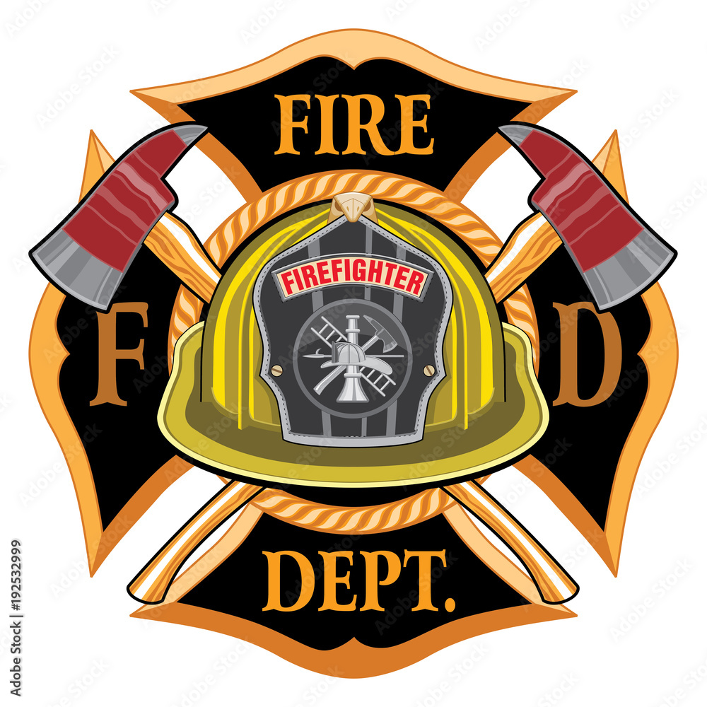 Fototapeta premium Fire Department Cross Vintage with Yellow Helmet and Axes is an illustration of a vintage fireman or firefighter Maltese cross emblem with a yellow volunteer firefighter helmet.