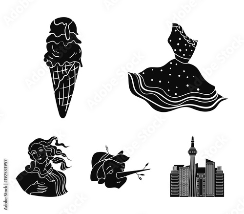 Italian dress, gelato, pinocchio, goddess of love. Italy set collection icons in black style vector symbol stock illustration web.