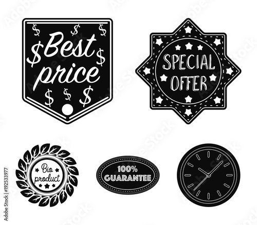 Special offer, best prise, guarantee, bio product.Label,set collection icons in black style vector symbol stock illustration web.