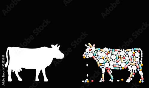 Pills that shape a cow. Symbol for cattle healthcare issues, medicine, pharmacy, antibiotics and diet - isolated vector illustration on black background.