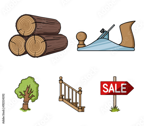 Logs in a stack, plane, tree, ladder with handrails. Sawmill and timber set collection icons in cartoon style vector symbol stock illustration web.