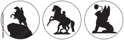 Saint-Petersburg Russian landmark vector icon, Peter the Great Bronze Horseman monument, Horse Tamers sculpture from Anichkov Bridge and Winged Lion from Bank Bridge