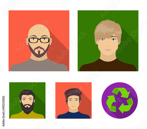 The face of a Bald man with glasses and a beard, a bearded man, the appearance of a guy with a hairdo. Face and appearance set collection icons in flat style vector symbol stock illustration web.
