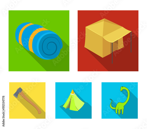 Tent with awning, ax and other accessories.Tent set collection icons in flat style vector symbol stock illustration web.