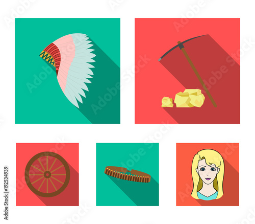 Pickaxe and stones, bandolier, cartwheel, mohawk.Wild west set collection icons in flat style vector symbol stock illustration web.