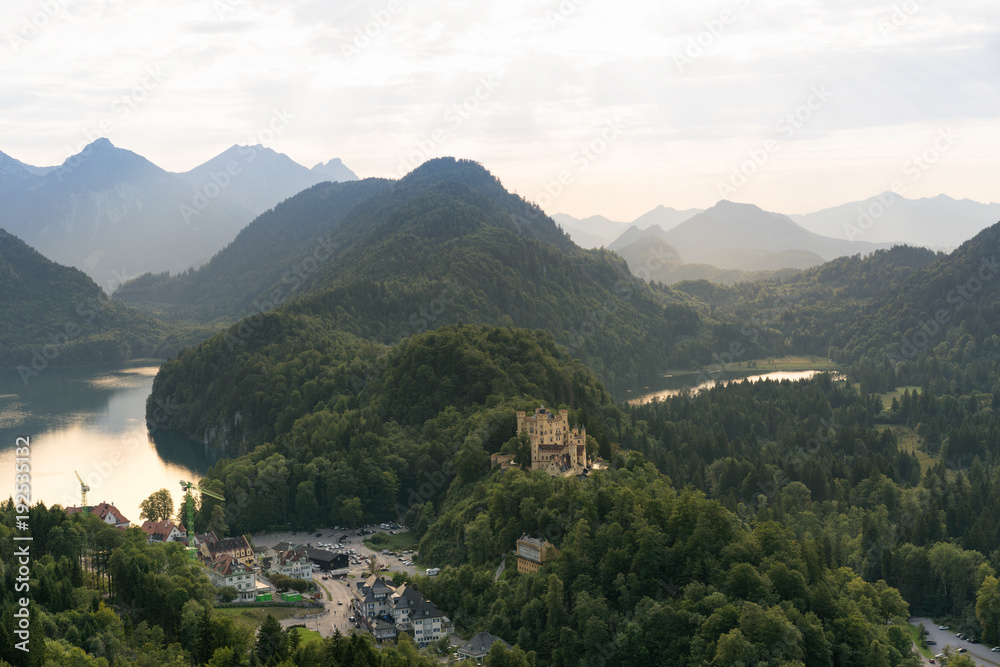 View of the Hohenschwangau Castle, Schwansee and Alpsee Lakes from Neuschwanstein Castle in Fuessen