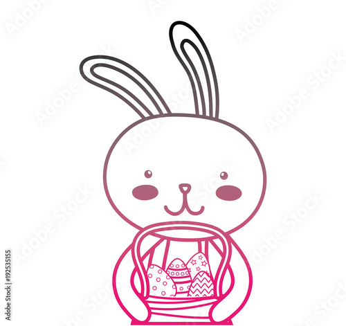 color line happy rabbit animal with eggs inside hamper