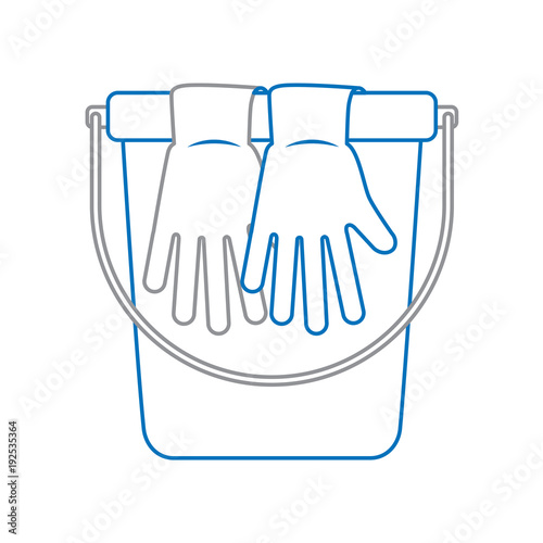 cleaning accessories bucket and gloves vector illustration blue and gray line design