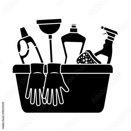 container with cleaning supplies gloves plunger sponge spary bottle and detergent vector illustration black and white design