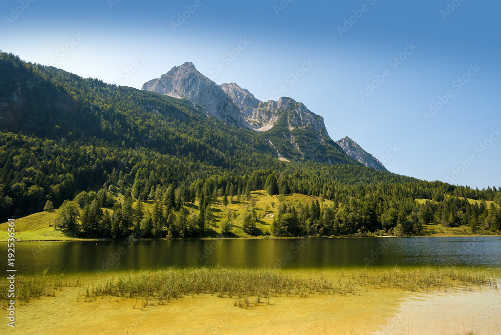 Fototapeta premium Ferchensee lake against Wettersteinspitzen mountain top, Germany