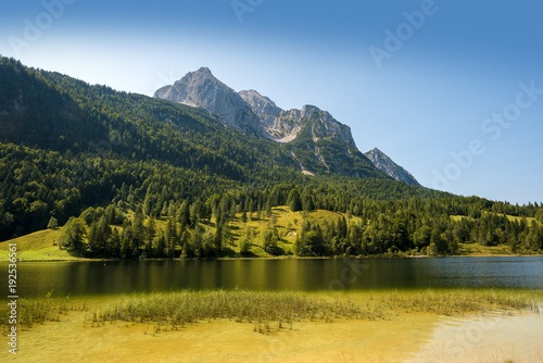 Ferchensee lake against Wettersteinspitzen mountain top, Germany