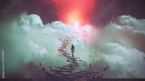 Fototapeta młoda kobieta stoi na połamane schody prowadzące do nieba, cyfrowy styl, malarstwo ilustracja