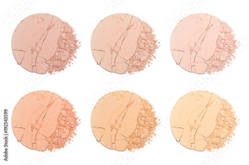 Set of sample of face powder in white. Beige round broken powder palette. Decorative cosmetic product