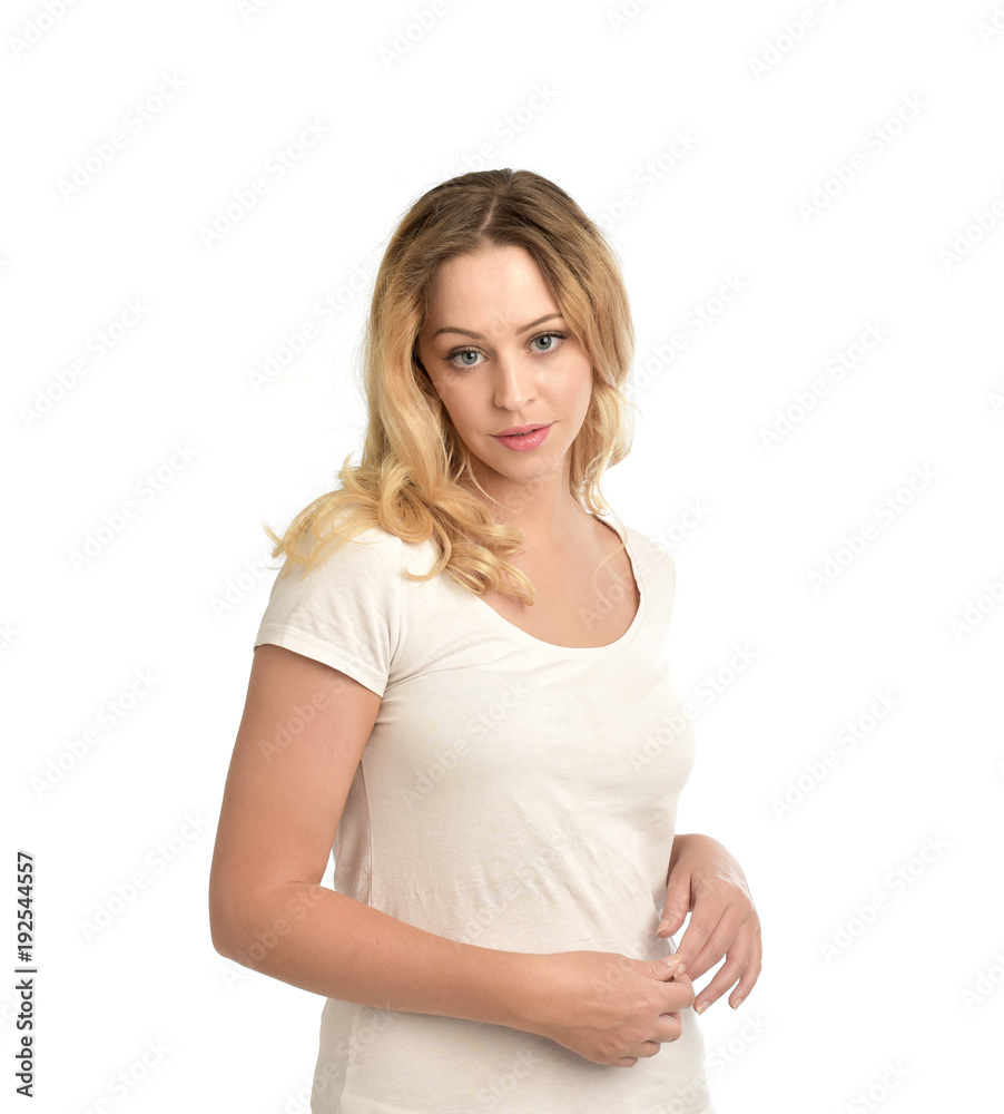 3/4 portrait of blonde girl wearing white shirt, isolated on white background. 3/4 portrait of blonde girl wearing white shirt, isolated on white background.