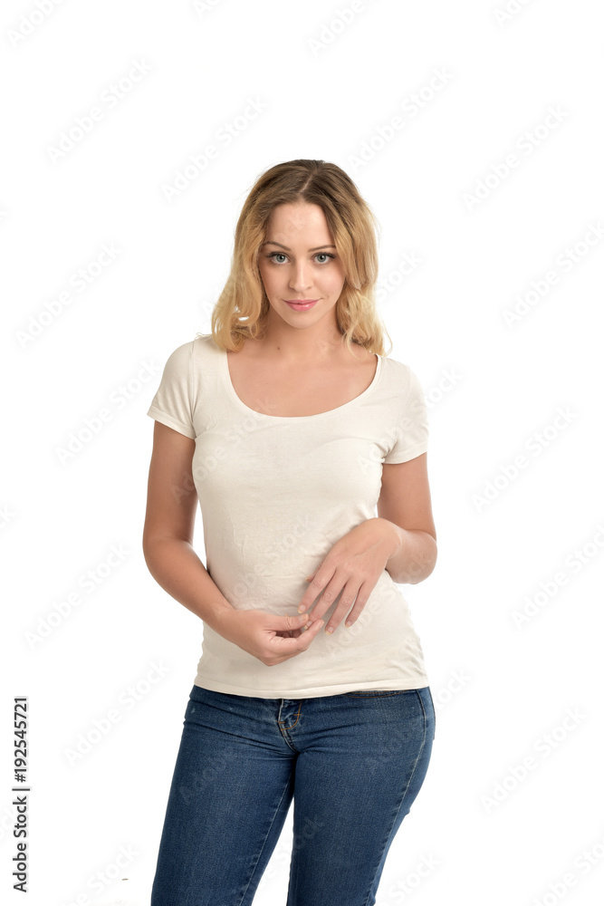 3/4 portrait of blonde girl wearing white shirt, isolated on white background. 3/4 portrait of blonde girl wearing white shirt, isolated on white background.