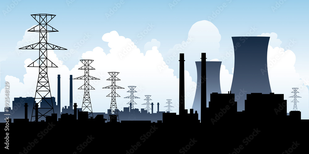 Silhouette illustration of a heavy industrial zone with the cooling towers of a nuclear power plant.
