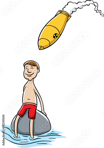 A calm and happy cartoon man relaxing on a rock with his feet in cool water, unaware that a nuclear missile is about to hit him.