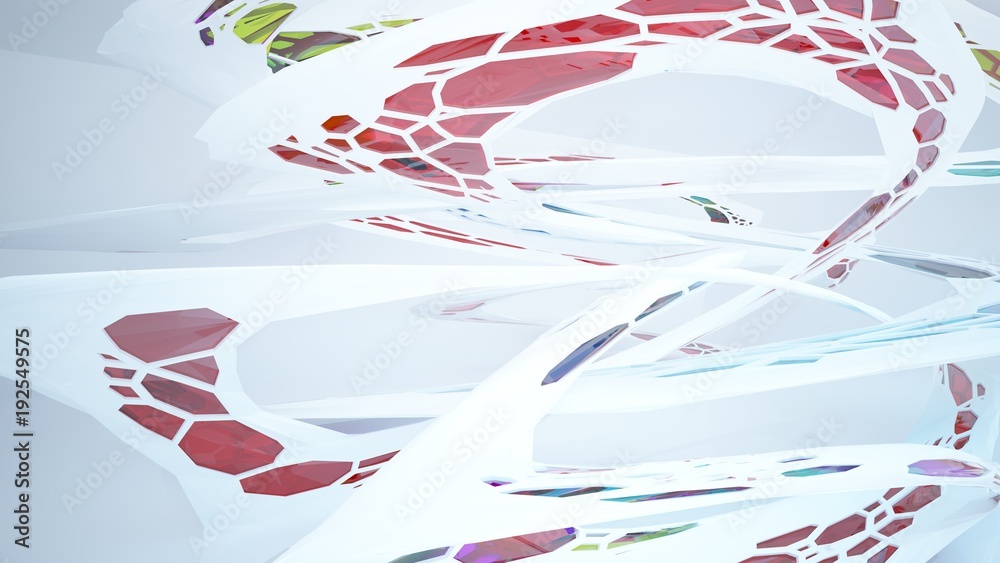 Naklejka premium Abstract white and colored gradient glasses parametric interior with window. 3D illustration and rendering.