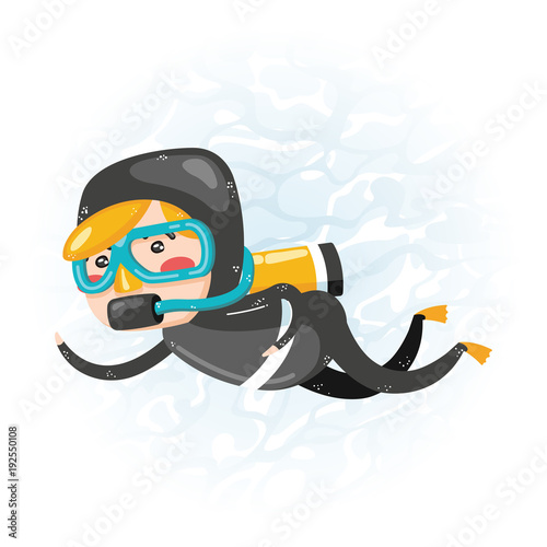 Clip art of one cute boy scuba diver in black wet suit which is ideal for creating your wallpapers, backgrounds, stickers, fabric patterns, clothing prints, labels, crafts & projects