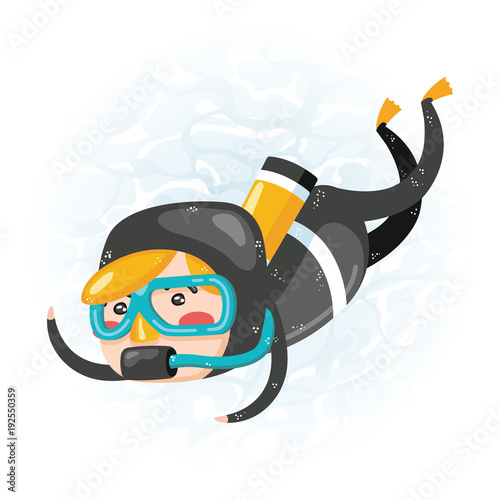 Clip art of one cute boy scuba diver in black wet suit which is ideal for creating your wallpapers, backgrounds, stickers, fabric patterns, clothing prints, labels, crafts & projects