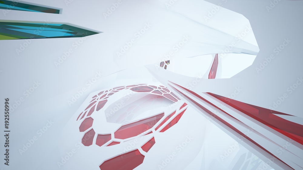 Obraz premium Abstract white and colored gradient glasses parametric interior with window. 3D illustration and rendering.
