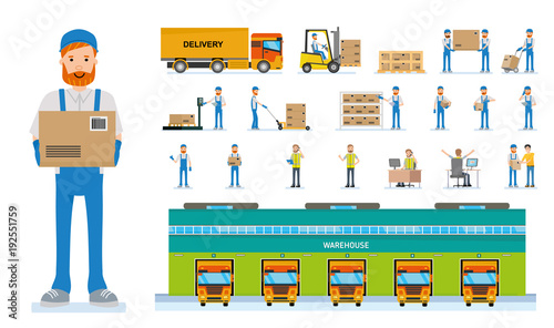 Warehouse workers cartoon vector characters. Set of various poses and emotions.