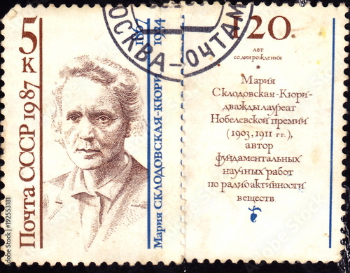 USSR - CIRCA 1987: shows Marie Sklodowska-Curie-Nobel laureate, circa 1987