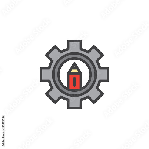 Pencil in gear filled outline icon, line vector sign, linear colorful pictogram isolated on white. Design settings symbol, logo illustration. Pixel perfect vector graphics