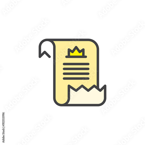 Diploma filled outline icon, line vector sign, linear colorful pictogram isolated on white. Parchment symbol, logo illustration. Pixel perfect vector graphics