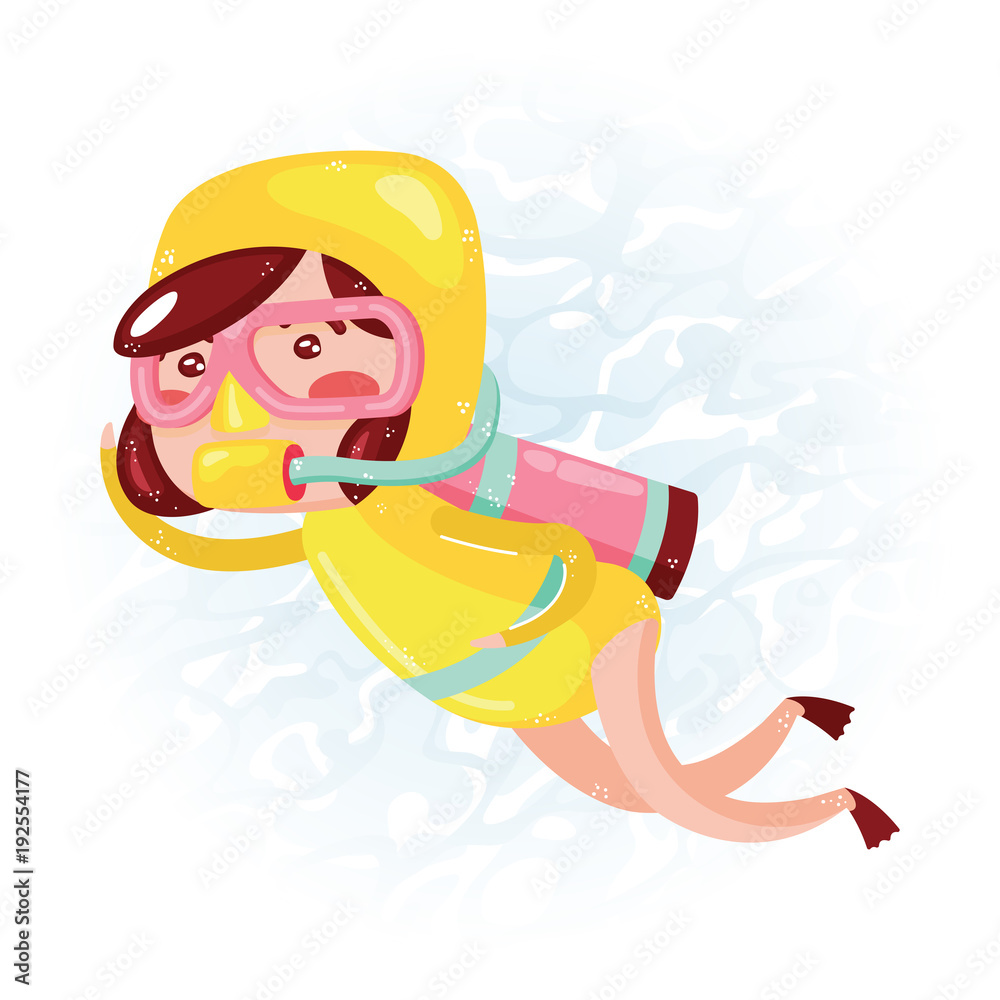 Naklejka premium Clip art of one cute girl scuba diver in yellow wet suit which is ideal for creating your wallpapers, backgrounds, stickers, fabric patterns, clothing prints, labels, crafts & projects