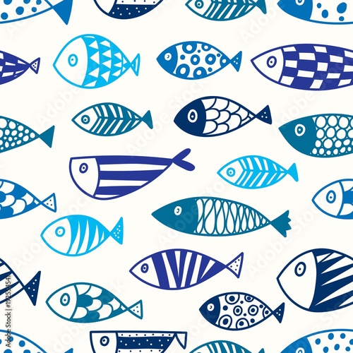 Cute line fish. Kids background. Seamless pattern.