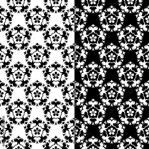 Black and white floral ornaments. Set of seamless backgrounds