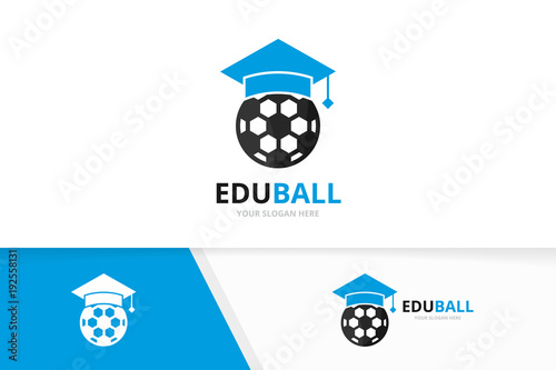 Vector graduate hat and soccer logo combination. Study and ball symbol or icon. Unique football college logotype design template.