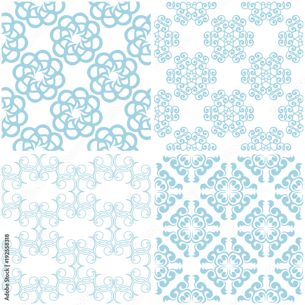 Floral patterns. Set of light blue elements on white. Seamless backgrounds