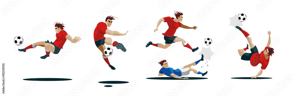 Naklejka premium Soccer Player Kicking Ball. Set Collection of different poses