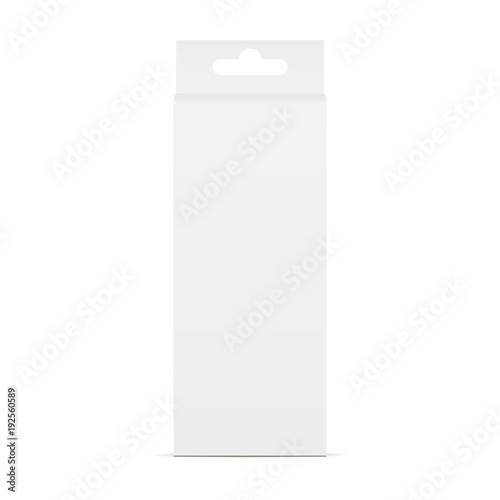 High carton box mockup with hanging tab - front view. Packaging for stationery. Vector illustration