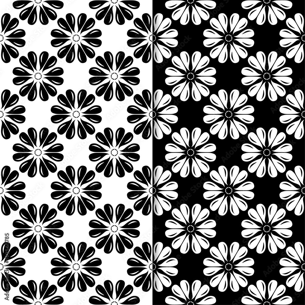 Black and white floral seamless ornaments. Set of backgrounds Black and white floral seamless ornaments. Set of backgrounds