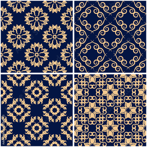Floral patterns. Set of golden blue seamless backgrounds