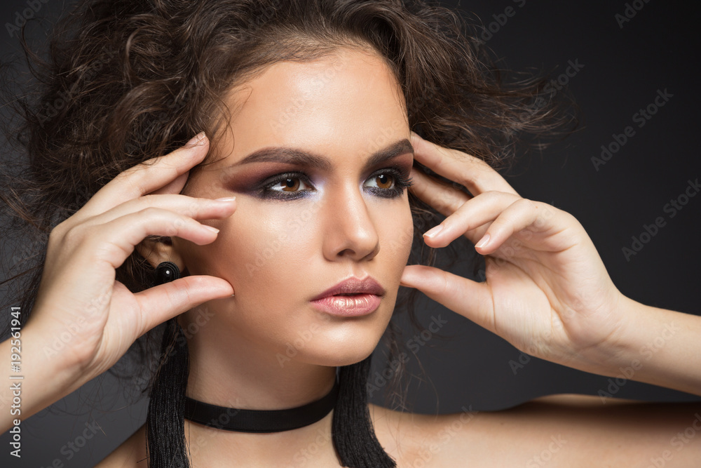 beautiful girl with make-up and stylish hairdo, look emotions and gestures beautiful girl with make-up and stylish hairdo, look emotions and gestures