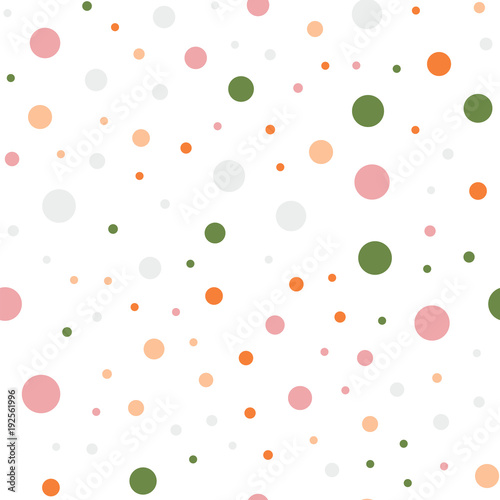 Colorful polka dots seamless pattern on white 14 background. Adorable classic colorful polka dots textile pattern. Seamless scattered confetti fall chaotic decor. Abstract vector illustration.