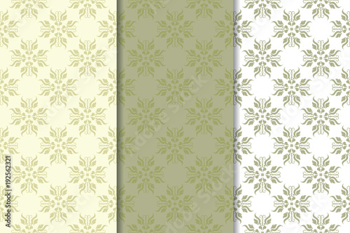 Olive green set of floral ornaments. Seamless patterns