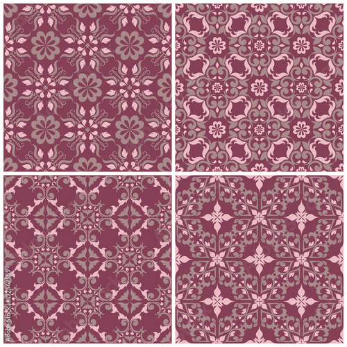 Set of violet seamless backgrounds with floral patterns