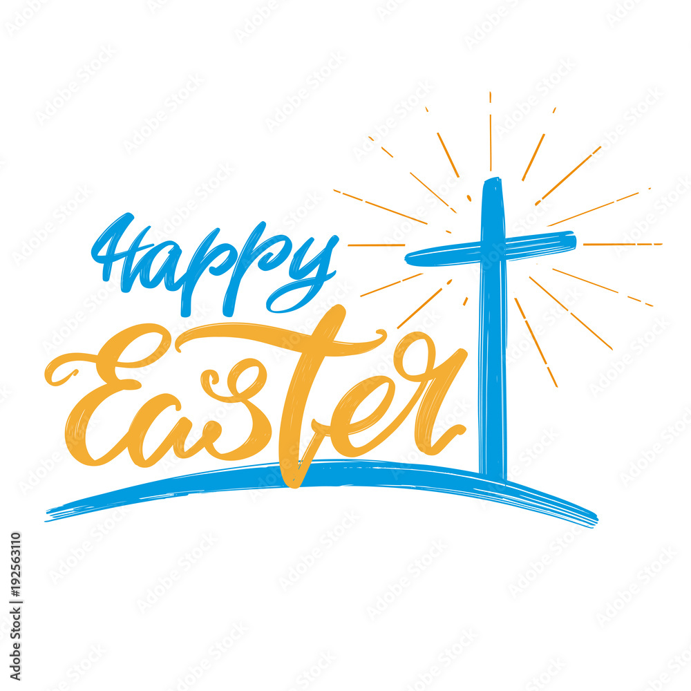 Happy Easter holiday religious calligraphic text, cross symbol of ...