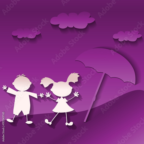 two kids play on the ultraviolet beach, modern paper art style