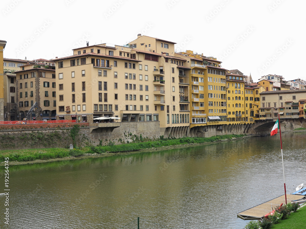 14.06.2017 Florence, Italy: View of medieval stone bridge Ponte Vecchio and Arno River