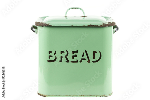 Vintage 1930s British green enamel bread bin storage box on a white background