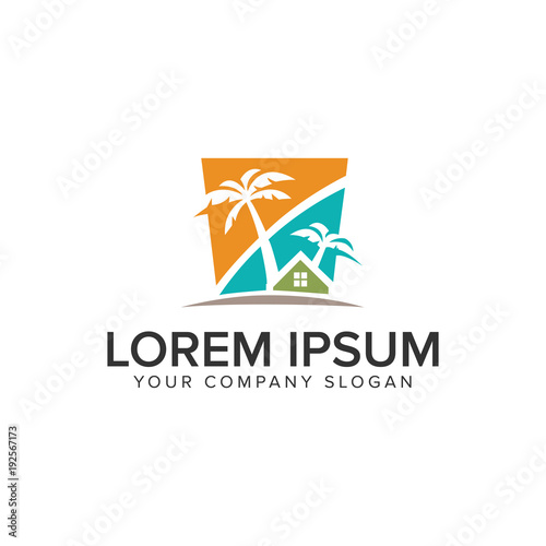 Palm tree house logo design concept template.