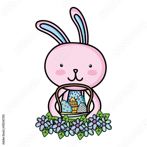 rabbit animal with eggs easter inside hamper and flowers design