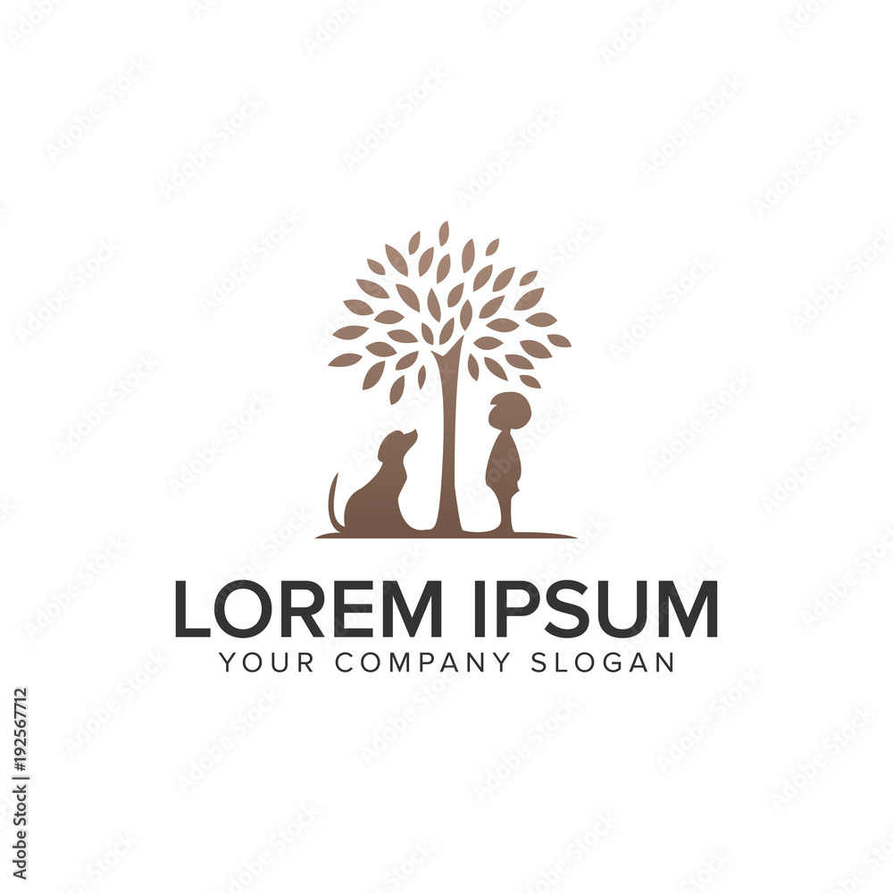 Obraz premium Dog and child tree logo design concept template.